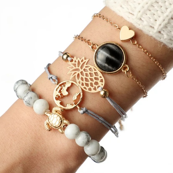 5 Piece Boho Gypsy Charm Bracelet Set Heart Chain - Picture 3 of 6